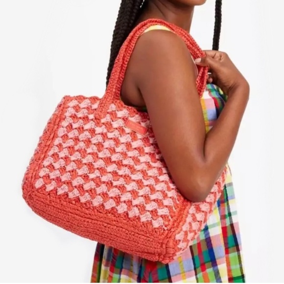 ♠️kate spade High Tide Striped Crochet Raffia Medium Beach Tote Bag, Ladybug NWT - Picture 2 of 8